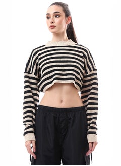 اشتري Beige & Black Stripes Knitted Cropped Pullover في مصر