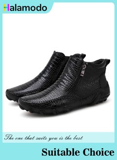 Buy Men's Stylish Checkered Zipper Ankle Boots with Pointed Toe Made of Patent Leather and Crocodile Skin Comfortable and Durable. in UAE