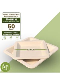 Buy Ecoway [10 Inch - Pack Of 50] Disposable Plates Made With Bagasse Sugar Canes Microwave & Freeze Safe, Compostable & Biodegradable Dinner Plates, Everyday Tableware Strong & Large White in UAE