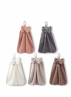 اشتري 5 Pcs Bow Hand Towels with Hanging Loop, 100% Microfiber Coral Fleece Hanging Band Towel, Ultra Soft, Highly Absorbent and Quick Drying for Bathroom, Kitchen and Spa, Machine Washable (5 Colors) في السعودية