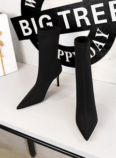 Buy Fashion Simple Slim Heel High Heel Elastic Lycra Pointed Ankle Boots Black in UAE