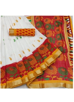 اشتري Cotton Saree White Base With Yellow Printed Border Design Plus Unstitched Blouse في الامارات