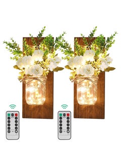 Buy Rustic Wall Sconces Mason Jar Sconces Wall Art Hanging Design with Remote Control LED Fairy Lights and Peach Flowers Pack of 2 in UAE
