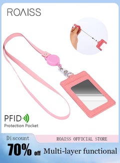 Buy Leather ID Card Holder Wallet Case with Lanyard/Strap Additional Retractable Badge Reel and 3 Cards Slot for Women Work/School Royal Pink in Saudi Arabia