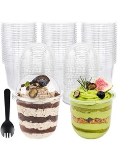 Buy 100 Pack 12oz Clear Plastic Cups with Dome Lids and Sporks - Disposable Dessert, Parfait, and Snack Cups for Cupcakes, Puddings, Drinks, Coffee, Juices, Fruits, and Ice Cream in Saudi Arabia