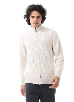 Buy Zipper Closure Multi Knitted Pattern Sweater_Cream Beige in Egypt