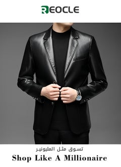 Buy Men's Leather Blazer Classic 2-Button Leather Blazer Casual Coat Long Sleeves Suit Style Leather Jacket in Saudi Arabia