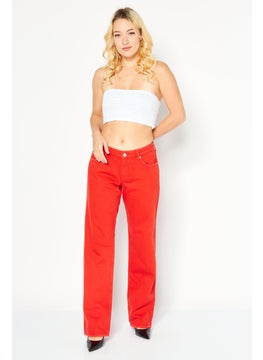 Buy Women Regular Fit Solid Non Stretchable Wide Leg Denim Jeans, Red in UAE