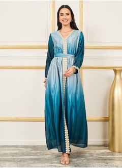 Buy Embroidered Lace Ombre Belted A-Line Maxi Dress in Saudi Arabia