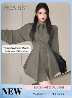 Buy Solid Corset Shirt Dress for Women Ruched Elastic High Waisted Tunic Long Sleeve Blouse Dress Lady Casual Button Breasted down Flowy Comfortable Dresses for Commute or Office in Saudi Arabia