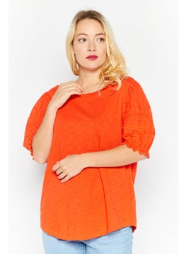 Buy Women Round Neck Short Sleeve Textured Blouse, Orange in UAE