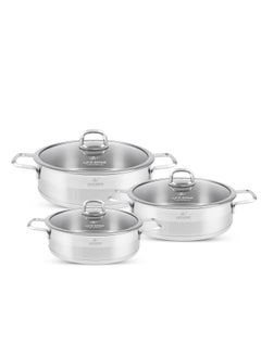 اشتري 6-Piece President Series Premium 18/10 Stainless Steel Shallow Cooking Pot Set - Induction 3-Ply Thick Base Casserroles 24/28/32cm with Glass Lid for Even Heating Oven Safe Silver في الامارات