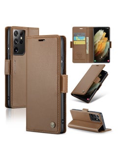 Buy Flip Wallet Case For Samsung Galaxy S21 Ultra, [RFID Blocking] PU Leather Wallet Flip Folio Case with Card Holder Kickstand Shockproof Phone Cover (Brown) in UAE
