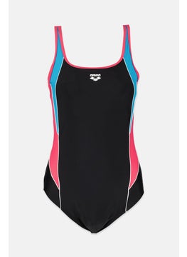 Buy Women Brand Logo Sleeveless One Piece Swimsuit, Black and Pink in Saudi Arabia