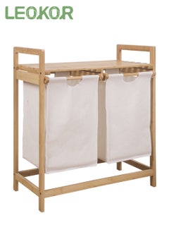 Buy Bamboo Double Laundry Hamper with Shelf, Two-Section Laundry Basket with Removable Sliding Bags, Freestanding Laundry Sorter for Bathroom Bedroom Living Room Laundry Room in Saudi Arabia