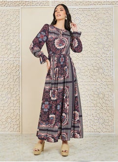 Buy Floral Print Gathered Detail A-Line Maxi Dress in Saudi Arabia