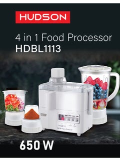 Buy Hudson Multi-Functional 4-In-1 Food Processor (Juicer/Blender/ Grinder & Chopper) With Plastic Jar With SS Blades,2 Speed Control With Pulse 1.8 L 650 W HDBL1113 White Color in Saudi Arabia