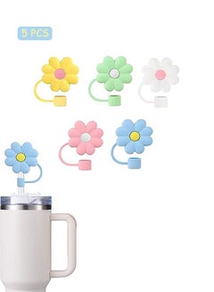Buy 5 Pcs Flower Silicone Straw Covers, Cartoon Dustproof Splashproof Drinking Straw Lids Protector, Reusable Straw Topper Cups Accessories (Yellow, Green, White, Pink, Blue) in Saudi Arabia