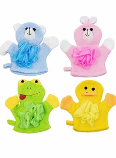 Buy 4 Pcs Cartoon Terry Cloth, Cute Baby Kids Bath Sponge Mitts Hand Puppets Washcloth Mitt Bath Glove, Shower Bath Sponge Shower Loofahs Balls, Towel with Animal Design (Rabbit, Frog, Duck, Bear) in UAE