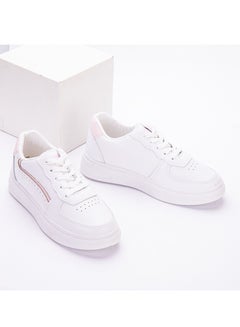 Buy Striped Leather Flat Sneakers - White Kashmir in Egypt