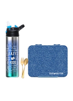 Buy 6 And 4 Convertible Bento Lunch Box With 530Ml Stainless Steel Water Bottle And Spoon Fork Set - Glitter Blue in Saudi Arabia