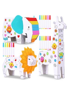 Buy 3 Sets Kids Animals Arts and Crafts, 3 Style 3D Animal Paper Craft for Kids to Color with 18 Colored Pens Elephant Giraffe Lion Cardboard Animals Model for DIY Doodle Color Draw Decorate Splicing in Saudi Arabia