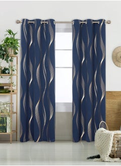 Buy Blackout Curtains, Decorative Silver Thread Foil Blackout Curtains, Thermal Insulated Room Darkening Curtains for Bedroom Living Room 100*250cm Navy Blue in UAE