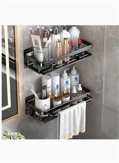 Buy Adhesive Shower Caddy, 2 Pack Shower Organizer Shelf No Drilling Bathroom Shower Basket Shelf Rustproof, Waterproof Shower Holder Rack with Towel Bar and Hooks for Bathroom, Kitchen (Black) in Saudi Arabia