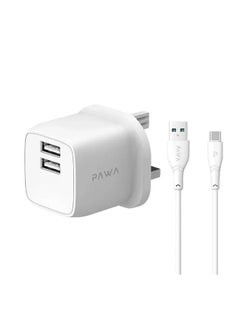 Buy PAWA PocketMini Dual USB Travel Charger UK Standard With USB-A to Type-C Cable / Mini Size / Short Circuit Protection / Low Temperature Protection - White in UAE