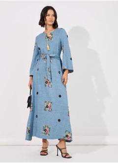 Buy Linen Look Embroidered Tassel Detail Maxi Jalabiya in Saudi Arabia