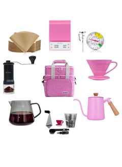 Buy V60 Distillation Set Coffee Machines 10 Piece Distilled Coffee Drip Set With Coffee tools bag pink in Saudi Arabia