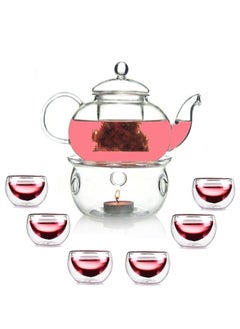 اشتري Borosilicate Heat Resistant Glass Teapot with Tea Warmer and 50 ml Double Wall Glass 6 Pc Set في الامارات