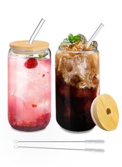 Buy Glass Cups with Lids and Straws 2Pack,16OZ Glasses with Lids and Straws,Glass Coffee Cups with Lids and Straws,Drinking Glasses with Bamboo Lids and Straws in UAE