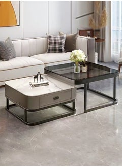 Buy Set of 2 Marble and Glass Coffee Tables with Metal Frame Square Coffee Tables with Storage Space Modern Design Easy Assembly for Living Room Office 70x70x45 & 60x60x38 cm in UAE