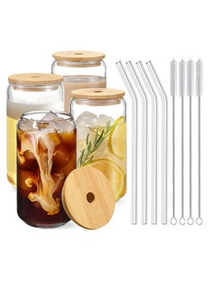 Buy Drinking Glasses Can Shaped with Bamboo Lids and Glass Straw 4pcs Set - 16oz 600ml Coffee, Soda Glass, Beer Glasses, Iced Coffee Glasses, Cute Tumbler Cup, Heat-Resistant Drink Glass in UAE