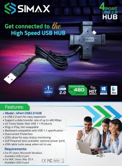 Buy SIMAX 4 Port USB 2.0 Hub (Plus Shape) - Black in UAE