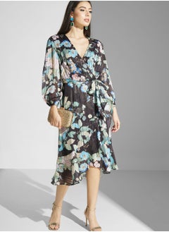 Buy Floral Surplice Belted Dress in UAE