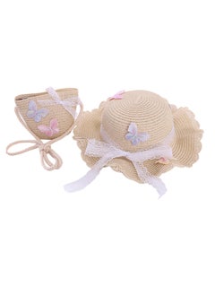 اشتري Straw Hat and Straw Bag for Kids, 2 Pcs Cute Butterfly Lace Hat ＆ Straw Crossbody Bag, Sun Protection Outdoor Adorable Tourism Straw Hat for Girls, Summer Beach Sun Visor Hat & Straw Bag, Beige في الامارات