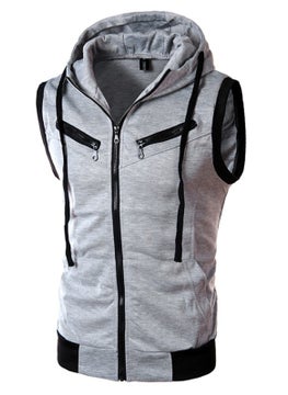 اشتري Slim-Fit Knitted Vest Sleeveless Hooded Sweater Male Student Zipper Spring and Autumn Hooded Sweater Cut-Sleeve VestLight gray Light gray في الامارات