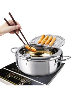 Buy Fryer, Japanese Tempura Small Fryer Stainless Steel Frying Pan with Thermometer, Lid and Drip Rack for French Fries, Shrimp, Chicken Wings and Shrimp (20cm/7.9in) in Saudi Arabia