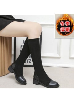 Buy 2023 Autumn Winter Mid-Calf Womens Boots with Chunky HeelBlack fleece-lined Black fleece-lined in UAE