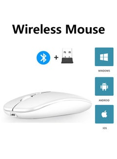Buy Wireless Bluetooth Mouse, Bluetooth 5.1 + USB, 2.4GHz Rechargeable Silent Bluetooth Wireless Mouse, Computer Mice with USB Receiver(White) in Saudi Arabia