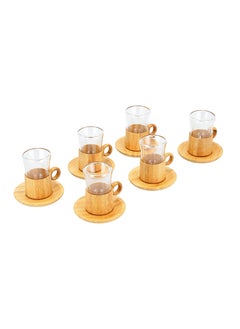 Buy 12-Piece Of Tea Cups, Double Glass, Wood Base, With Saucer Set in Saudi Arabia