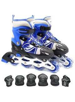 اشتري Inline Skates Adjustable Size Roller Skates with Flashing Wheels Children Skate Shoes Including Protective Gear (Knee Elbow Wrist) Blue Colour في الامارات