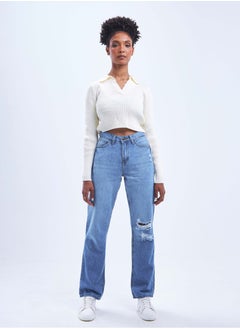 Buy High-Waist Medium Wash Degrade Distressed Straight Leg Jeans. in Saudi Arabia