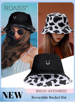 اشتري 1 Pc Cow Print Bucket Hats Smile Face Bucket Hats for Unisex Beach Sun Hats Double-side-wear Reversible Fisherman Hats Black, White في الامارات