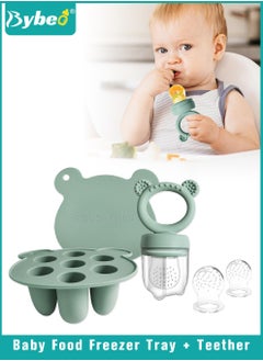 اشتري Baby Food Fruit Feeder Pacifier + Food Freezer Tray With 2 Replacement Silicone Pouches and Lid, Multi-Purpose Infant Teething Popsicle Molds and Teething Toy Set في الامارات