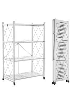 اشتري 4-Tier Foldable Storage Shelf with Wheels,Rolling Cart for Books Kitchen Storage Shelves,Pantry&Closet Organizer,Office Room Decor,White في الامارات