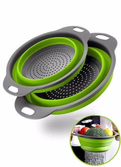 اشتري Collapsible Kitchen Draining Basket Round Silicone Strainer Set Two Size Small and Large Strainers for Vegetables and Fruits Portable Basket with Double Handles Green في السعودية