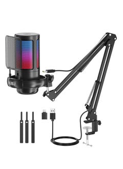 Buy Professional RGB Gaming Microphone with Boom Arm Stand - USB-C Plug and Play, High-Quality Sound, Touch Mute Button in UAE